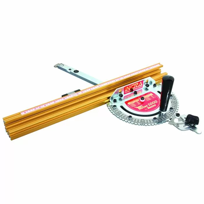 Table saw miter gauge with precision protractor and aluminum fence for woodworking