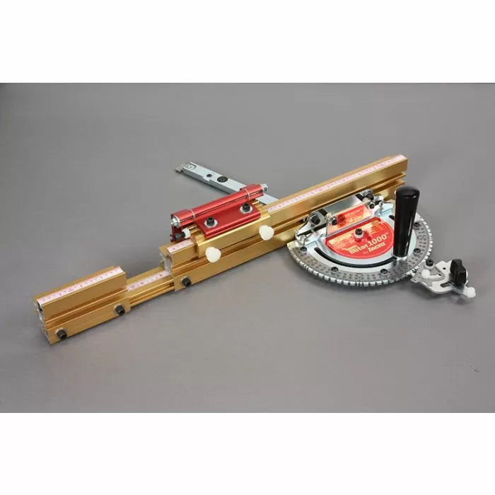 Precision woodworking miter gauge with adjustable fence and measurement scales on gray surface