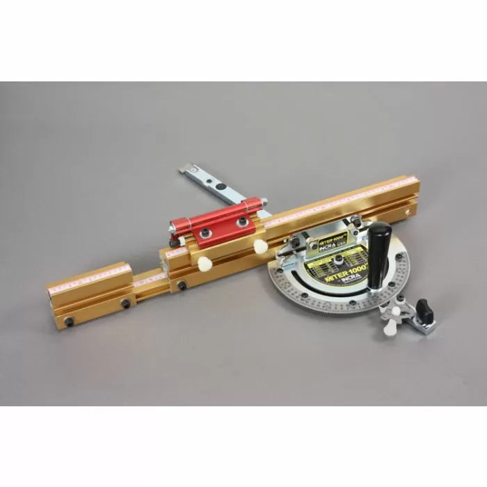 Precision woodworking miter gauge with aluminum fence and angle protractor on gray background