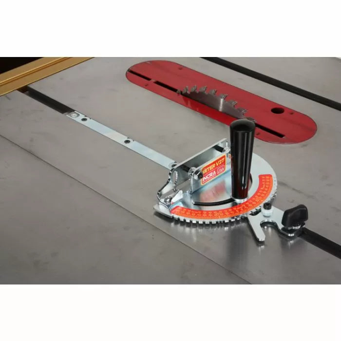 Miter gauge with angle scale on table saw, woodworking tool for precise angled cuts