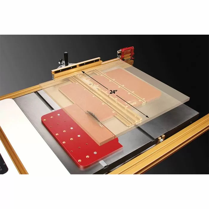 Table saw crosscut sled with adjustable fence and 24-inch cutting capacity for woodworking