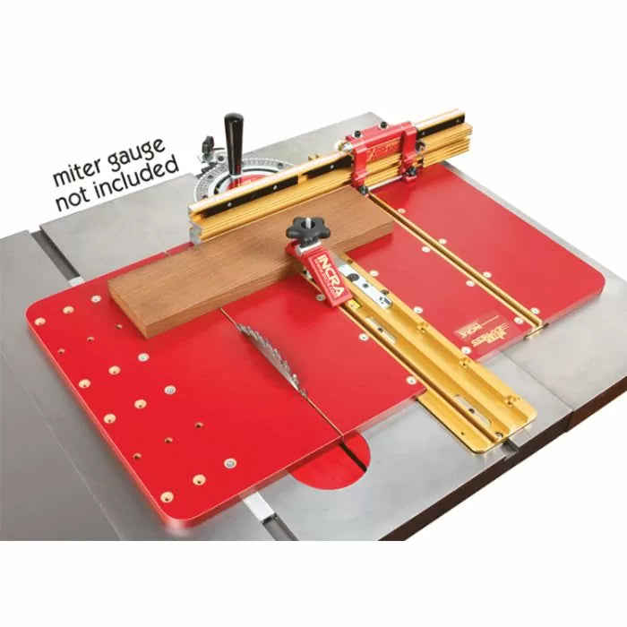 Table saw crosscut sled with red base, gold rails, and wood workpiece for precision woodworking