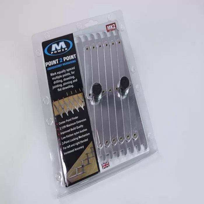 M Power Point 2 Point woodworking measuring tool in retail packaging, ideal for doweling and marking.