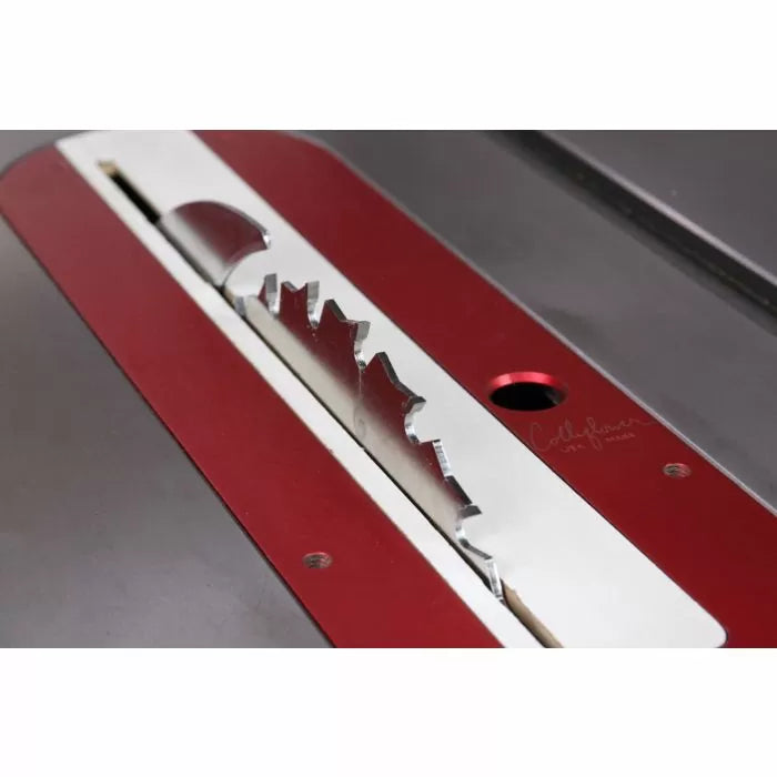 Close-up of a table saw blade installed in a red insert plate for woodworking.