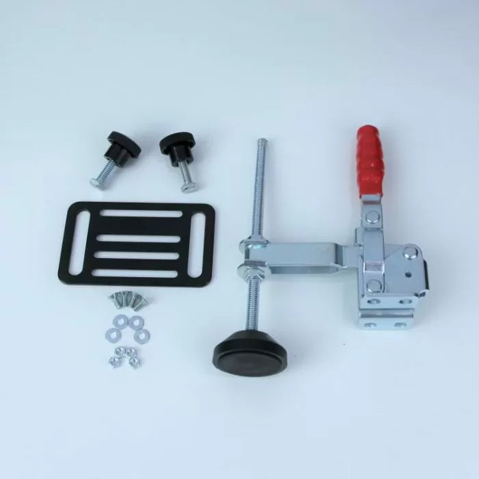 Woodworking toggle clamp kit with metal bracket, bolts, and red handle on white background.