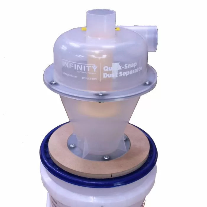Cyclone dust separator for woodworking tools mounted on a bucket