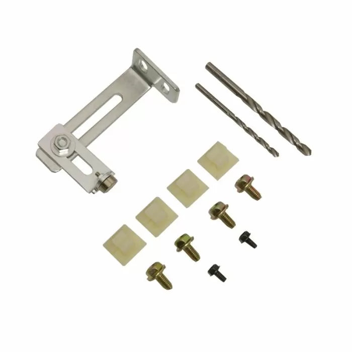 Woodworking jig hardware kit with metal bracket, drill bits, bolts, and spacers