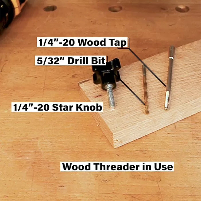 Wood threader kit with 1/4"-20 wood tap, 5/32" drill bit, and star knob on workbench.