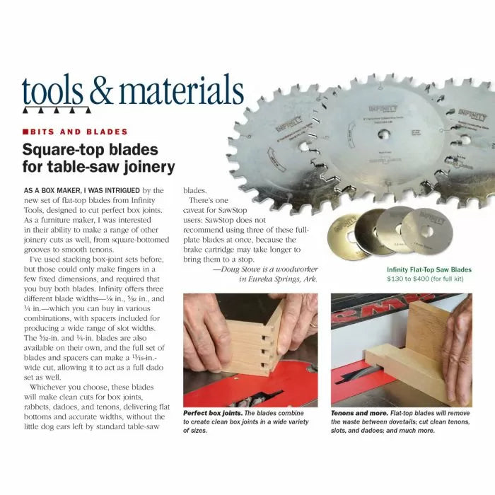 Square-top table saw blades for precise woodworking joinery, shown with box joint and tenon cuts.