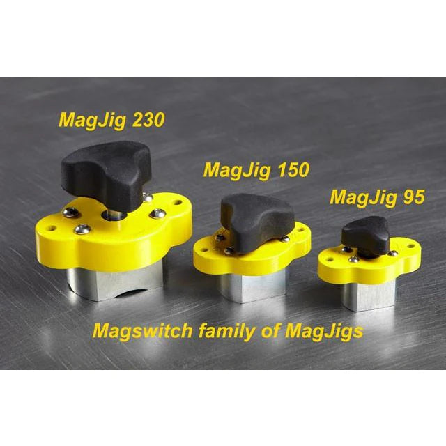 Three yellow MagJig magnetic woodworking clamps—MagJig 230, 150, and 95—on a metal surface.