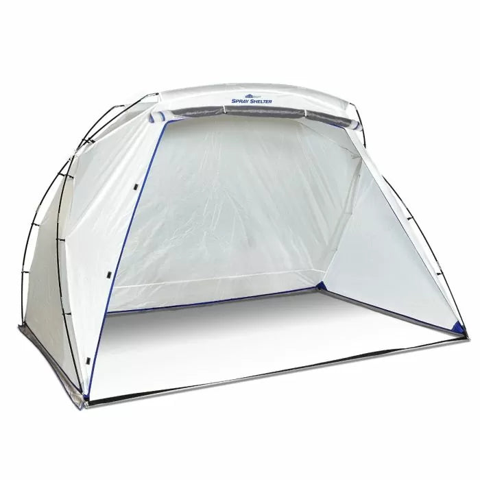 Large portable spray shelter tent with clear plastic walls for woodworking projects