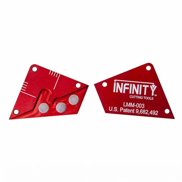 Red magnetic woodworking layout tool with measurement markings and Infinity logo
