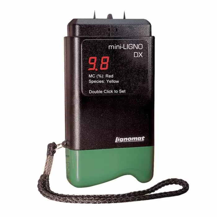 Digital moisture meter for woodworking with display, probe pins, and wrist strap