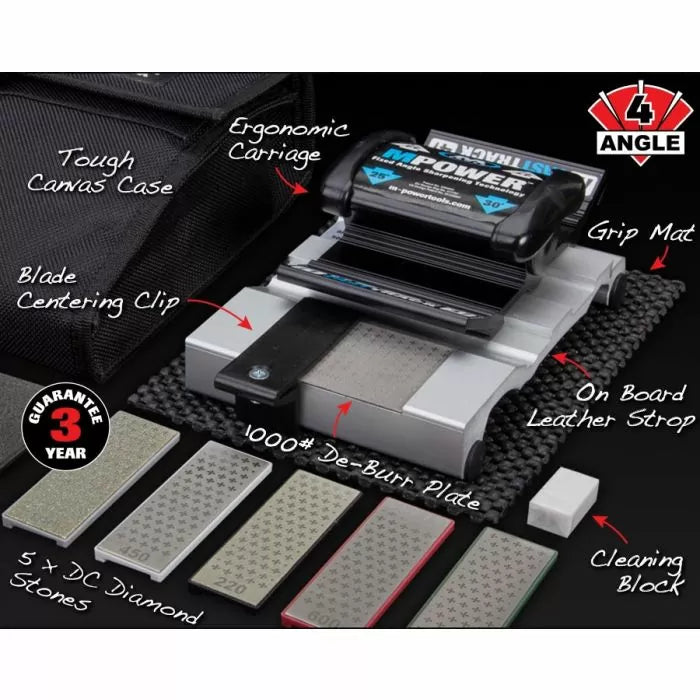 Multi-angle sharpening system kit with diamond stones, ergonomic carriage, leather strop, and accessory case.