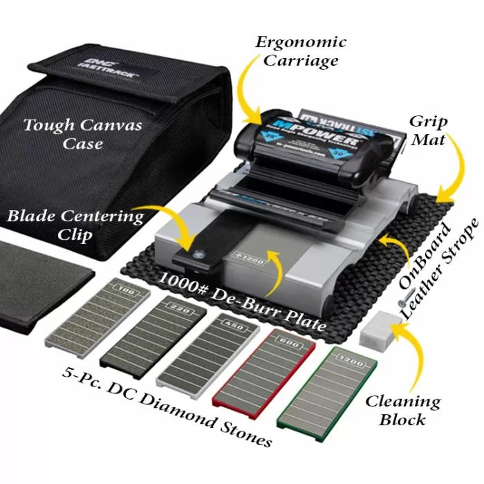 Woodworking sharpening system kit with ergonomic carriage, diamond stones, canvas case, de-burr plate, and accessories.
