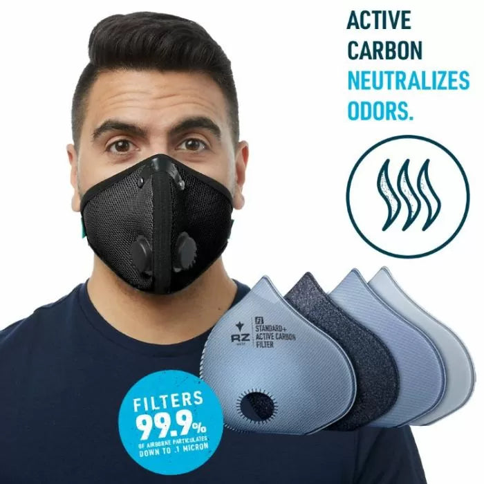 Man wearing black active carbon respirator mask with replaceable filters for woodworking dust protection.