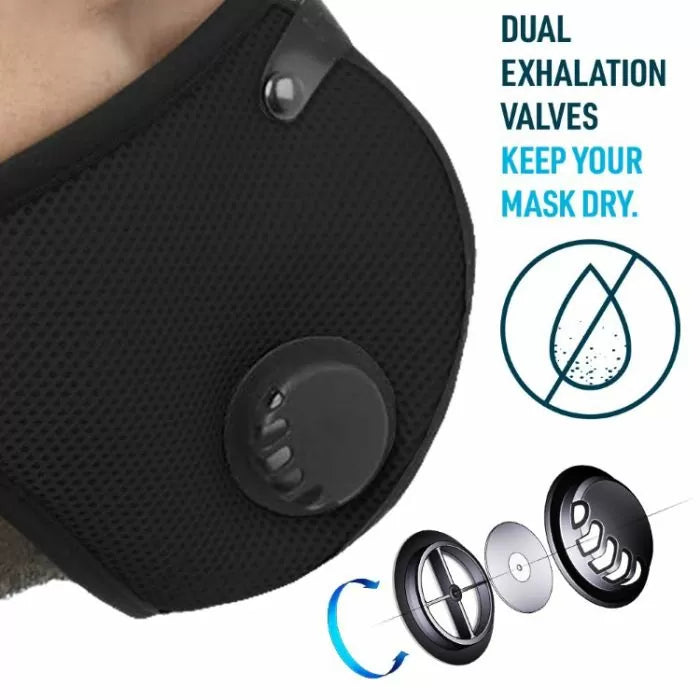 Black face mask with dual exhalation valves and moisture control feature illustration