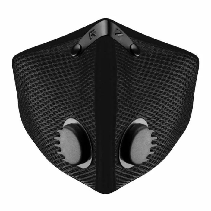 Black mesh dust mask with dual air filters for woodworking and shop safety