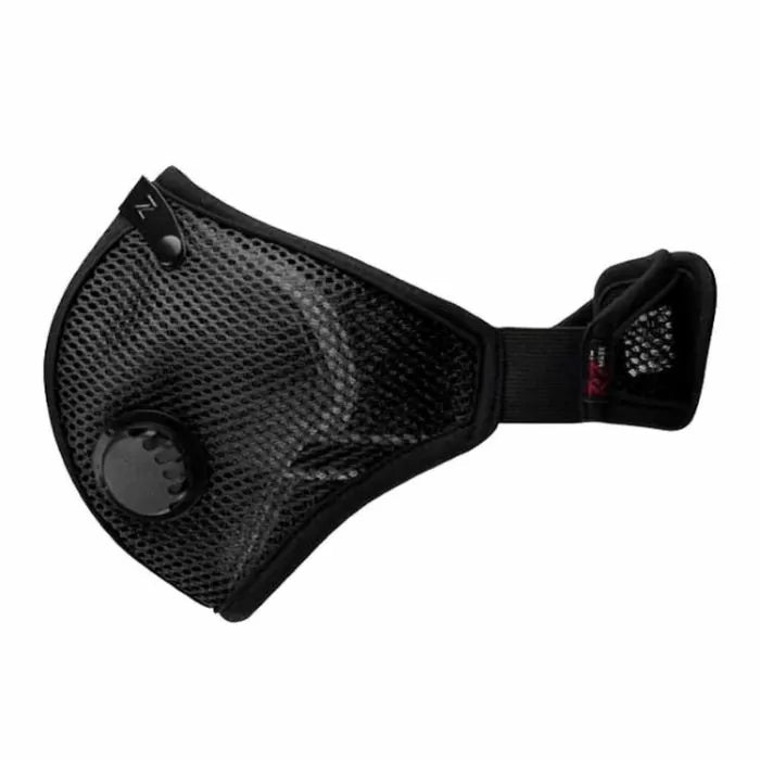 Black mesh woodworking dust mask with adjustable strap and breathing valve
