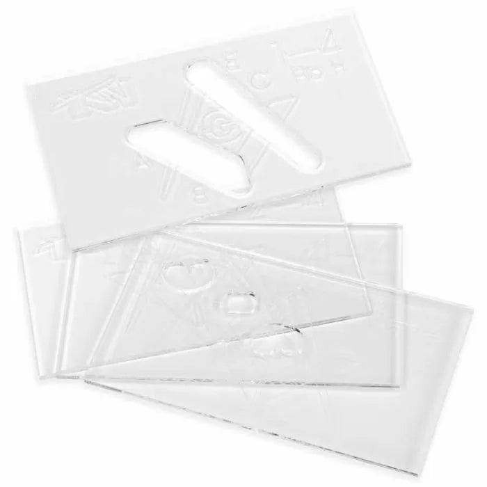 Clear plastic woodworking router base plates stacked, with slot and markings visible.