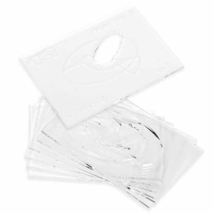 Clear acrylic woodworking router table insert plates stacked on white background
