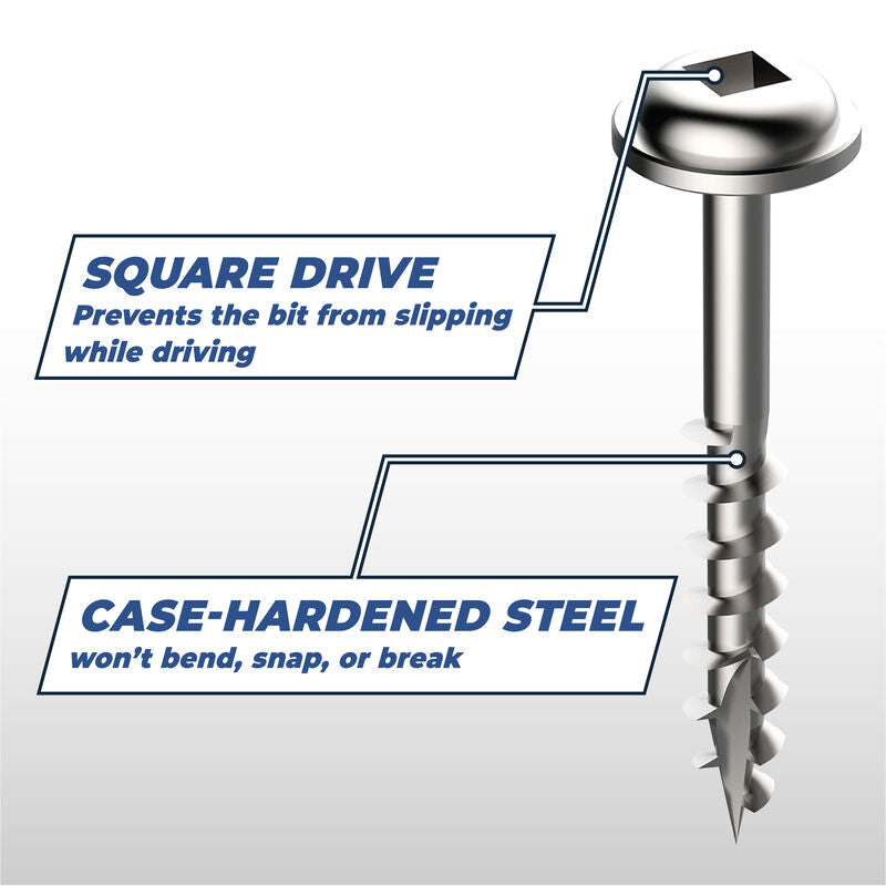 Coarse-thread wood screw with square drive and case-hardened steel for woodworking