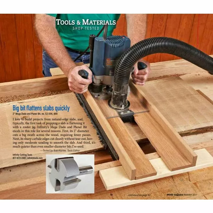 Woodworker using a router with dado and planer bit to flatten a wooden slab on jig