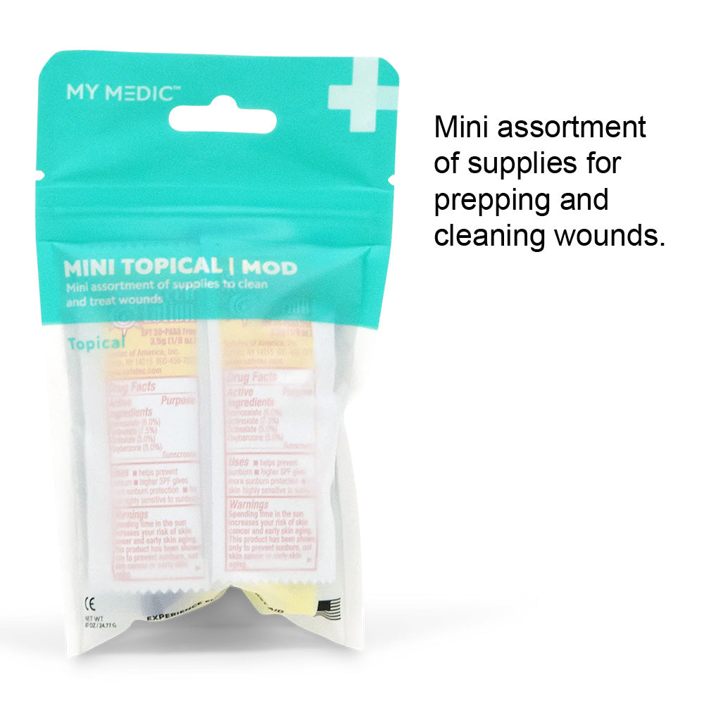 Mini topical supplies kit in teal packaging for cleaning and treating small wounds