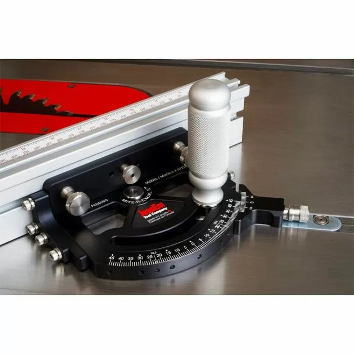 Precision woodworking miter gauge with angle guide on a table saw