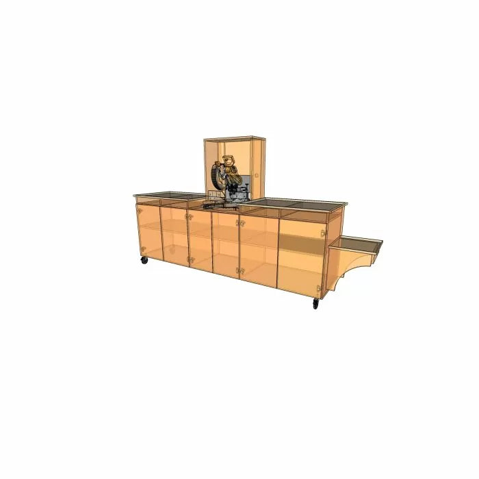 Woodworking miter saw station with storage cabinets and extension wing on wheels