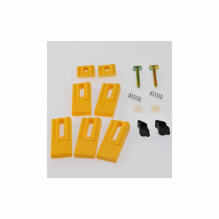Woodworking jig replacement parts kit with yellow plastic blocks, bolts, springs, and clips
