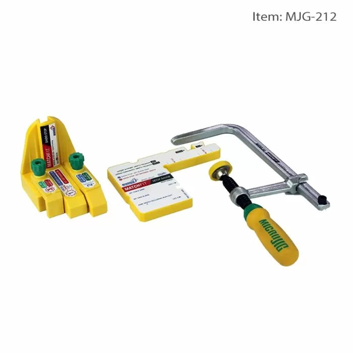 Yellow woodworking jig and clamp set with green knobs for precision joinery