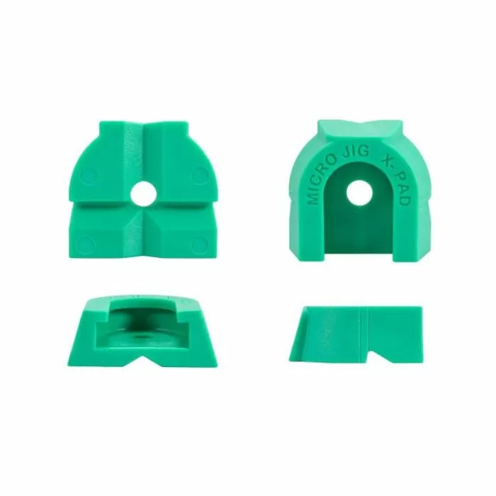 Green plastic Micro Jig X-Pad woodworking accessory shown from multiple angles
