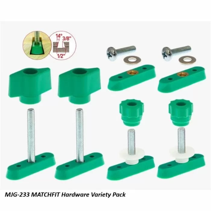 MATCHFIT hardware variety pack with green knobs, threaded bolts, washers, and metal screws for woodworking.