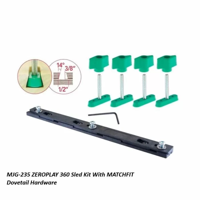 ZEROPLAY 360 Sled Kit with MATCHFIT dovetail hardware, green knobs, and black rail for woodworking jigs