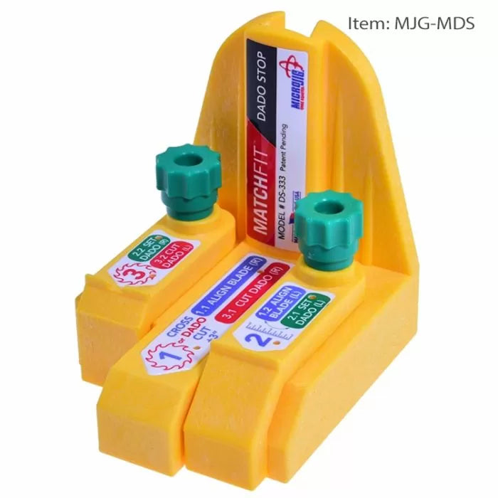 Yellow dado stop jig with green knobs for precise woodworking cuts, labeled measurement guides
