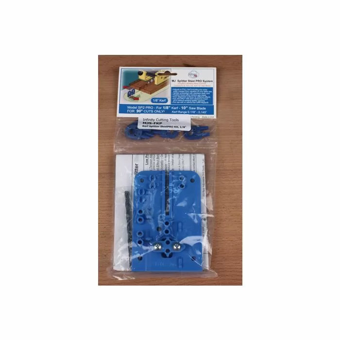 Table saw splitter kit with blue plastic insert and hardware for woodworking safety.