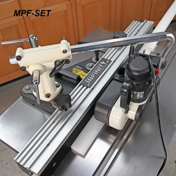 Router table fence system with micro-adjustment and featherboard, woodworking tool setup