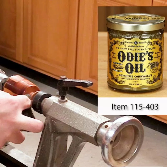 Odie's Oil wood finish jar with woodworking lathe in use for woodturning project