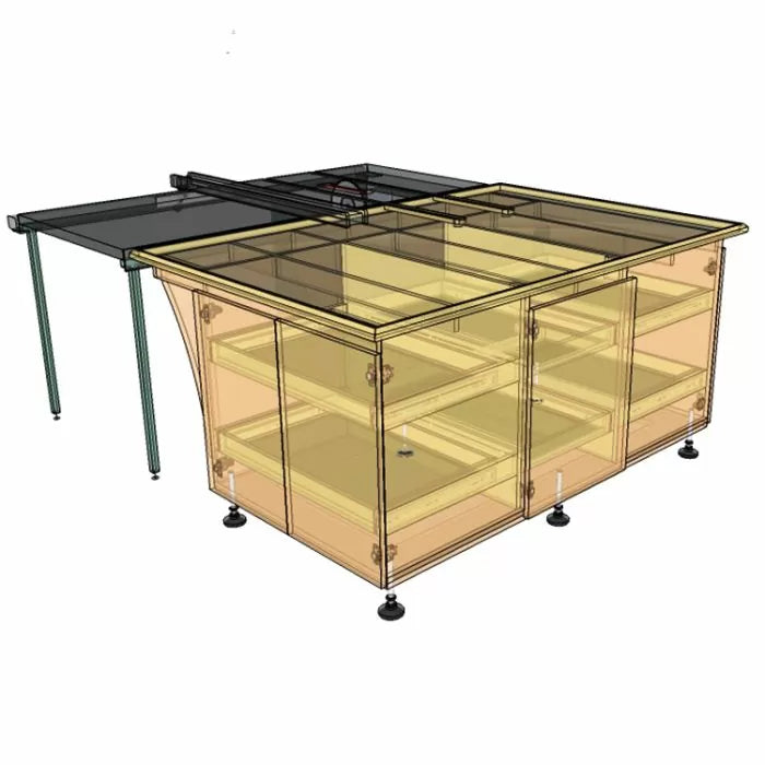 3D rendering of a woodworking table saw station with storage cabinets and extension wings