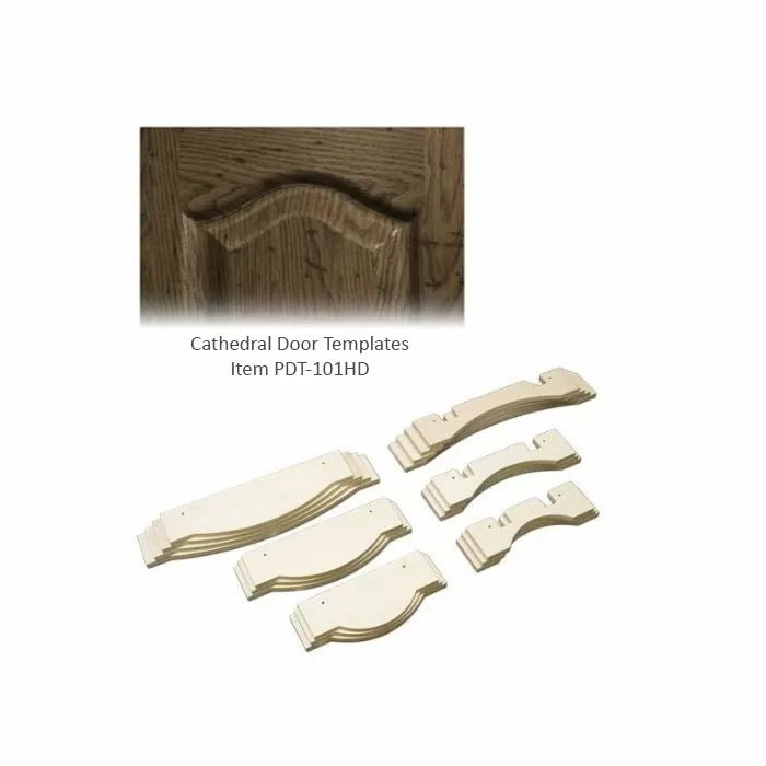 Cathedral door templates for woodworking, shown with finished wood cabinet door example.