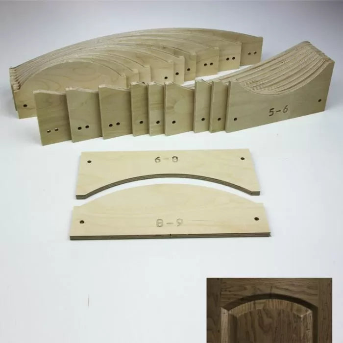Set of wooden arch door templates for woodworking, featuring curved jig pieces and a sample cabinet door panel.