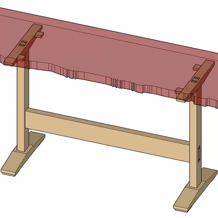3D diagram of a woodworking workbench with live edge wood top and sturdy base