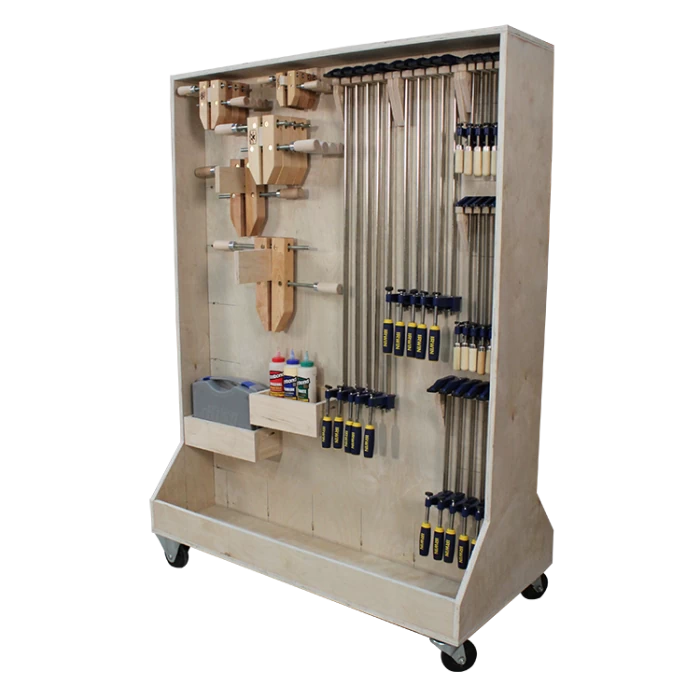 Wood clamp rack on wheels with clamps, glue bottles, storage shelves for woodworking tools