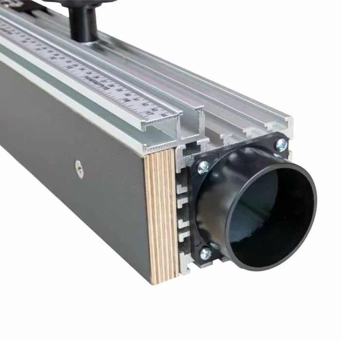Aluminum router table fence with dust port and integrated ruler for woodworking