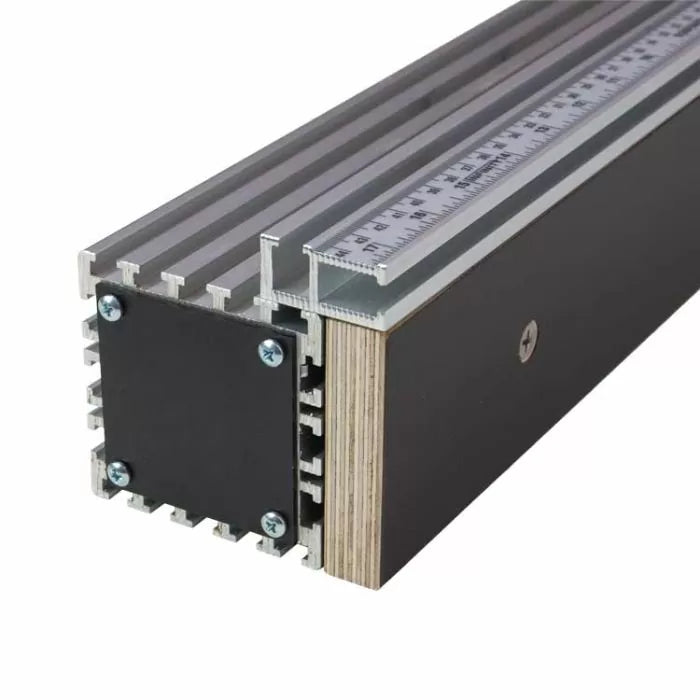Aluminum router table fence with built-in measuring scale and T-track for woodworking.