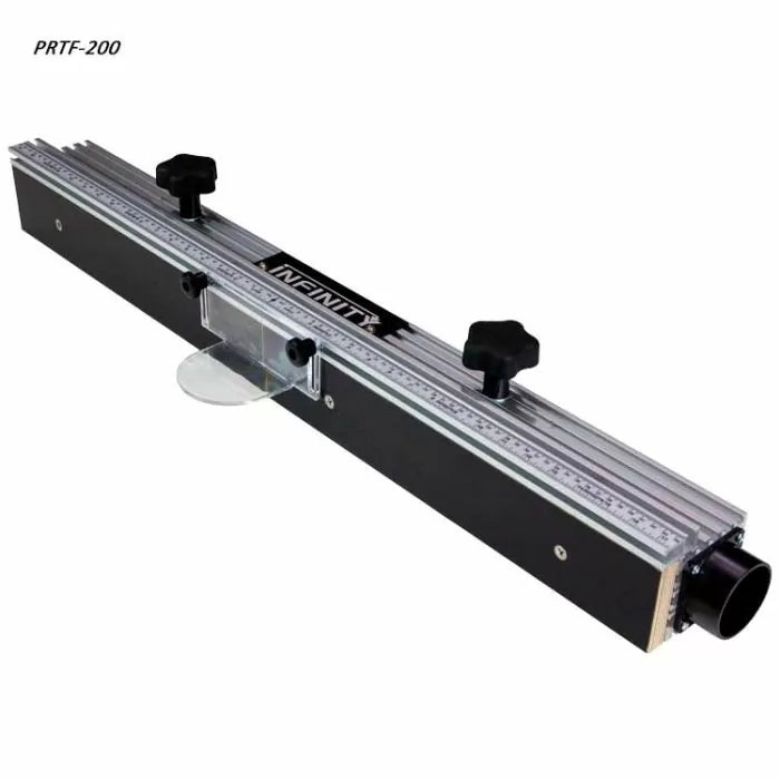 Aluminum router table fence with measurement guides and dust collection port