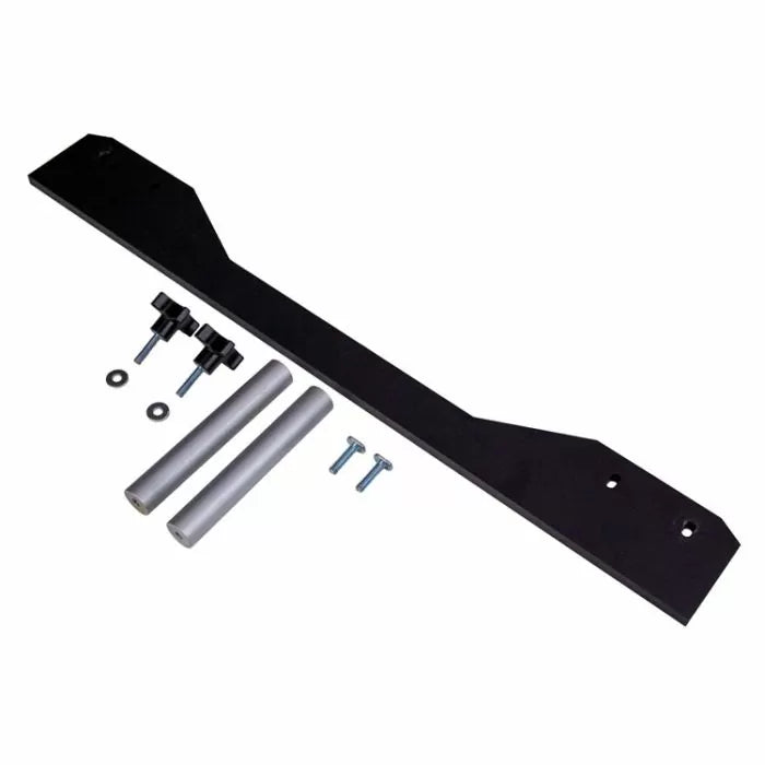 Router table fence mounting kit with black metal bracket, rods, bolts, and washers for woodworking.