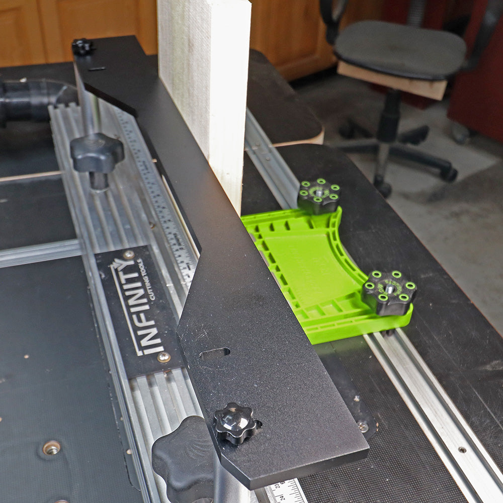 Router table fence with featherboard and wood board set for precise woodworking