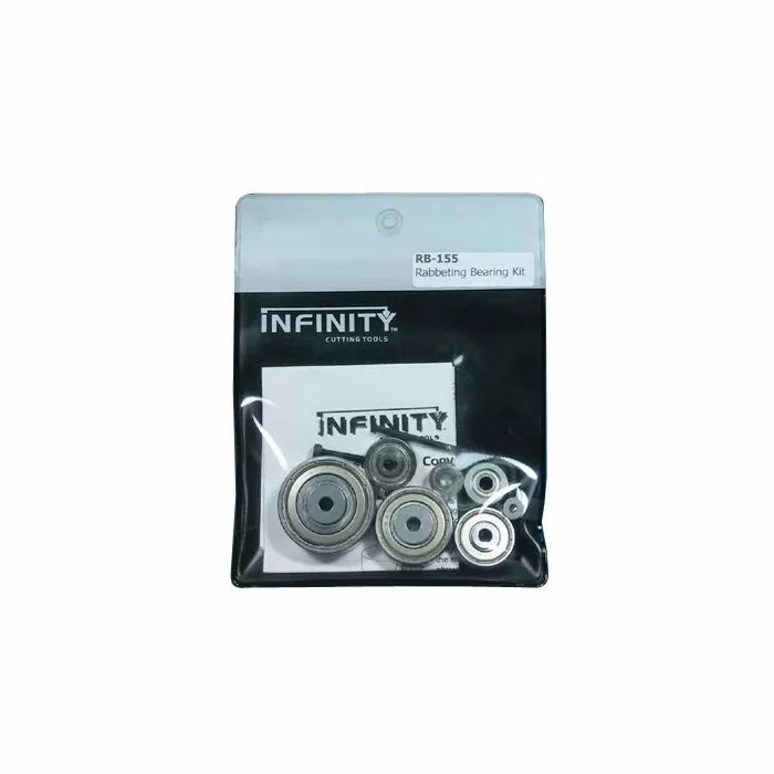 Rabbetting bearing kit with multiple metal bearings in a clear plastic package for woodworking